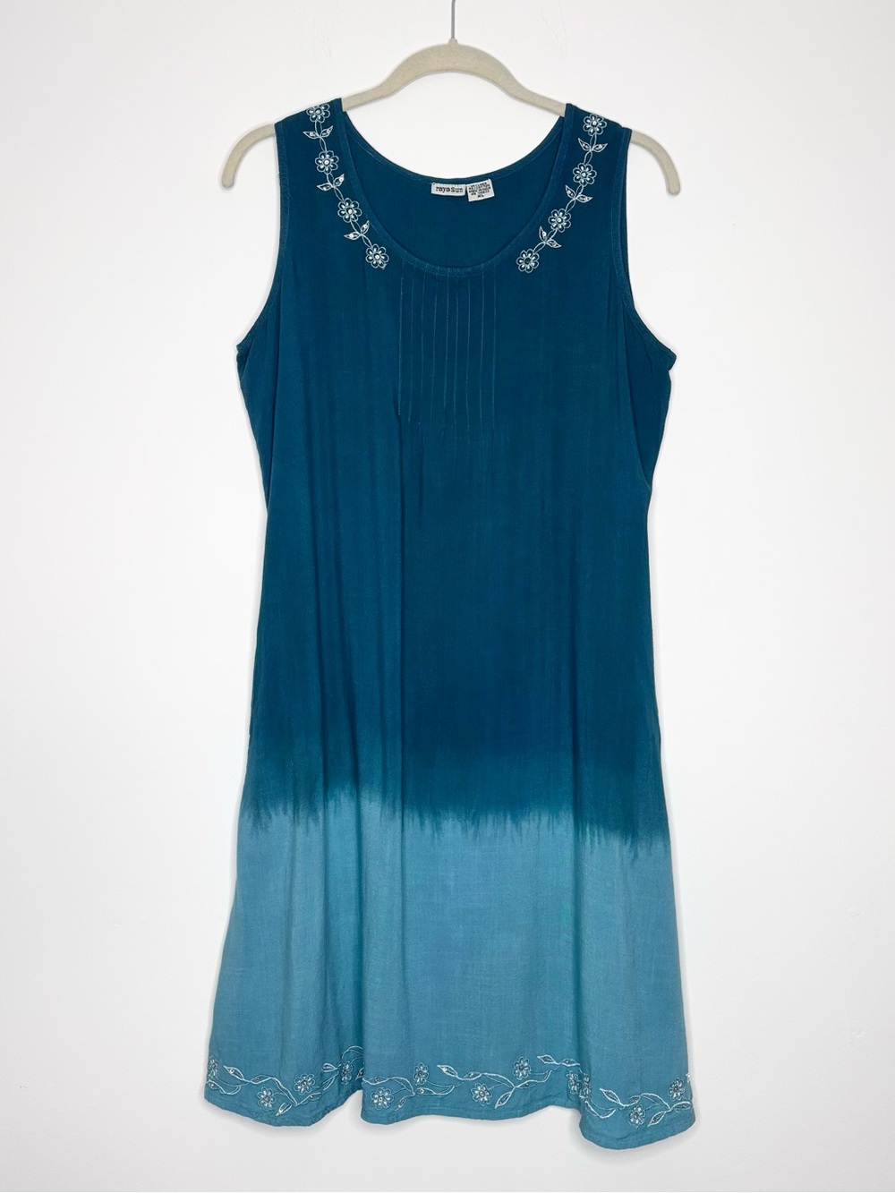 Raya Sun Linen Cotton Dip-Dye Ombré Embroidered Teal Mini Dress Boho Beach L/XL